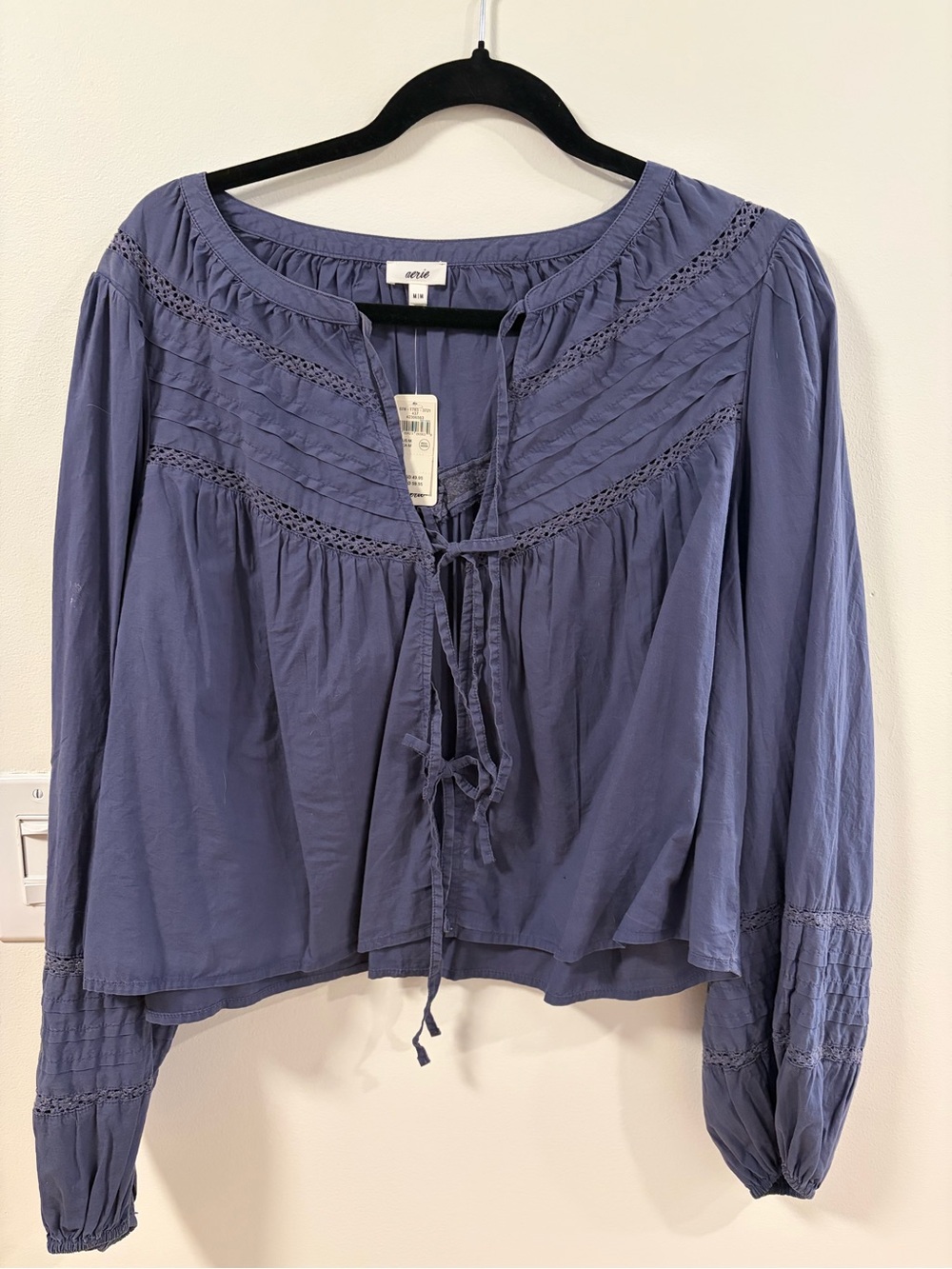 aerie Dusty Blue Pintuck Tie-Front Peasant Blouse